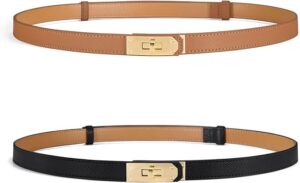 Image of sale on Women Skinny Leather Belt - Adjustable Dress Belt with Gold Buckle