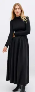 Image of sale on Women’s Fillmore Mock-Neck Long-Sleeve Midi Dress with Cotton Skirt and Pockets