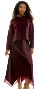Image of sale on Juniors’ Crewneck Lace-Trim Long-Sleeve Sweater and Satin Maxi Slip Dress, 2-Piece Set