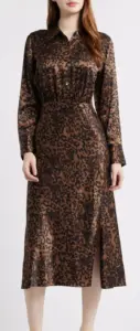 Image of sale on Jazlyn Leopard Long Sleeve Satin Midi Shirtdress