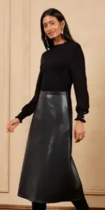 Image of sale on Love & Roses Black Petite Faux Leather Mix 2 in 1 Knitted Midi Dress