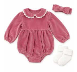 Image of sale on 3-Piece Velour Romper with Peter Pan Collar Set