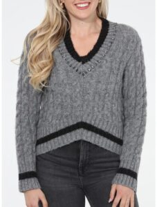Jewel Embellished Cable V-neck Sweater