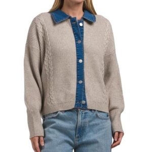 Cable Cardigan with Denim Details