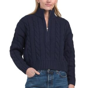 Long Sleeve Mock Neck Cable Knit Quarter Zip Pullover Sweater