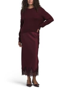 2pc Crew Neck Pull over Sweater and Satin Lace Skirt Set