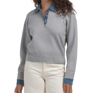 Henley Sweater with Denim Collar